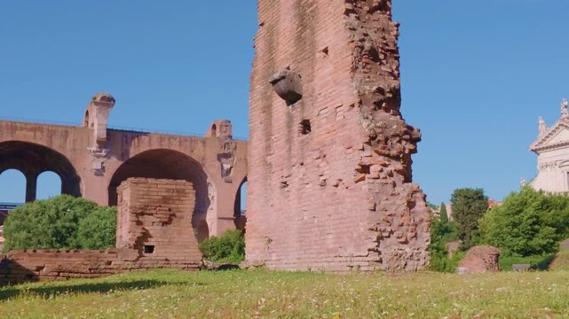 Ancient Brick Ruins with Basilica of Maxentius at the Roman Forum