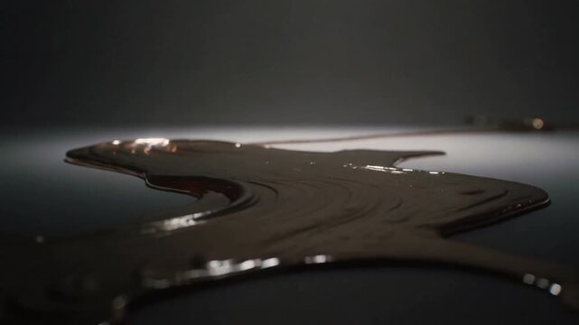 Descending gold ribbon feeding right coiling peeling and spreading into thin sheet on grey surface