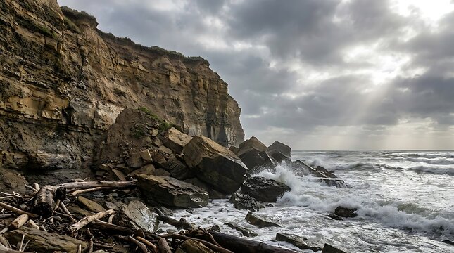 Rocky ocean coastline with dark cliffs and driftwood on a moody overcast day at the beach shore. seaside rockfall