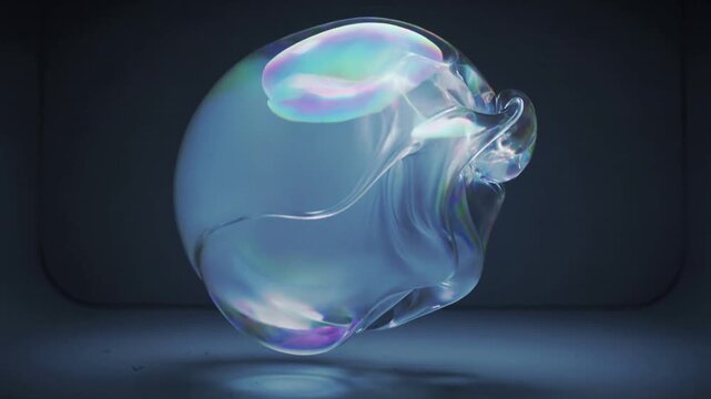 Floating iridescent bubble reshaping after squeeze in dark box under blue light, casting floor glow