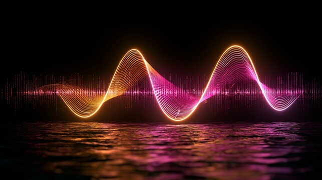 Glowing neon sound wave visualization featuring vibrant orange and pink light curves reflecting beautifully across a dark liquid water surface