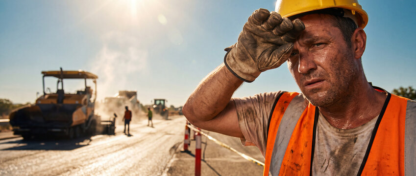 Construction worker wipes sweat on hot sunny day, exhausted laborer in safety vest and hard hat works on road paving with asphalt machine in background for commercial technology, business