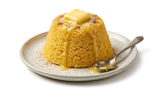 Traditional sweet Cape Verdean steamed cornmeal cake with melting butter, isolated on white