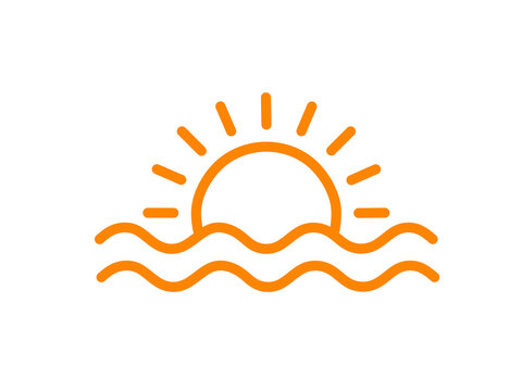 Sunrise over wavy ocean water with sun rays.Orange icon of sun rising over wavy ocean water