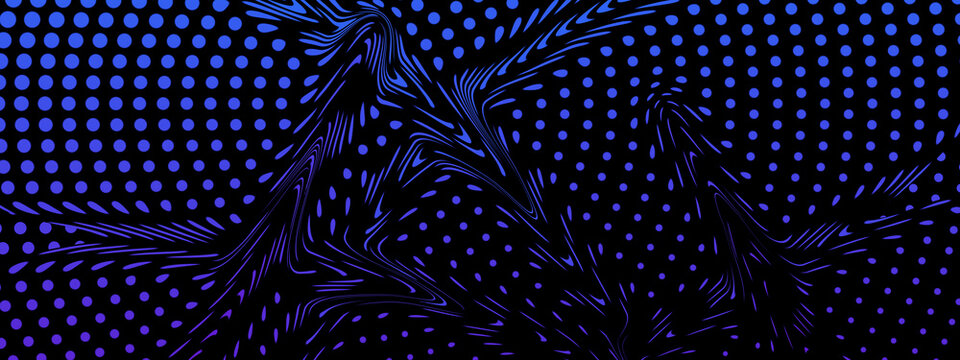 Abstract blue halftone pattern background, dark geometric dot texture with glitch effects, futuristic digital art for tech banners and web design
