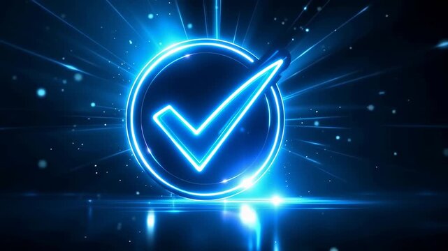 Glowing check mark icon on futuristic blue background representing approval verification and successful confirmation
