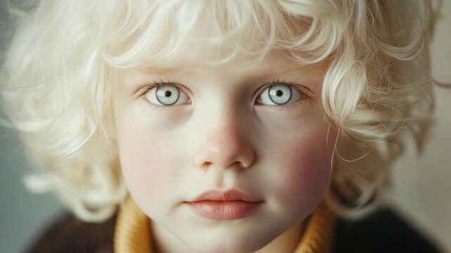 Close-up of a child with striking blue eyes and light brown curly hair.