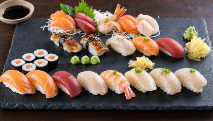 A variety of fresh sushi nigiri and maki rolls arranged on a black slate serving platter, accompanied by soy sauce, pickled ginger, and wasabi © Monir