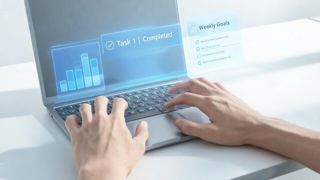 Hands typing on laptop with digital task completion display