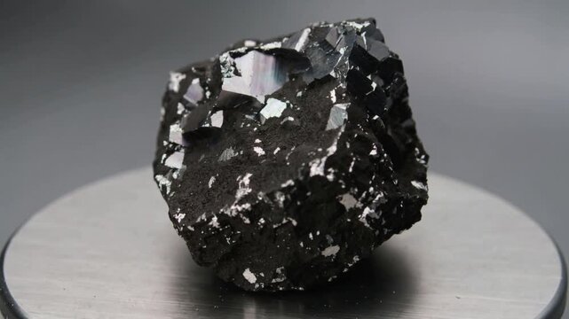 Rotating rock revealing metallic flakes to show crystal faces on stand when camera starts, lighting