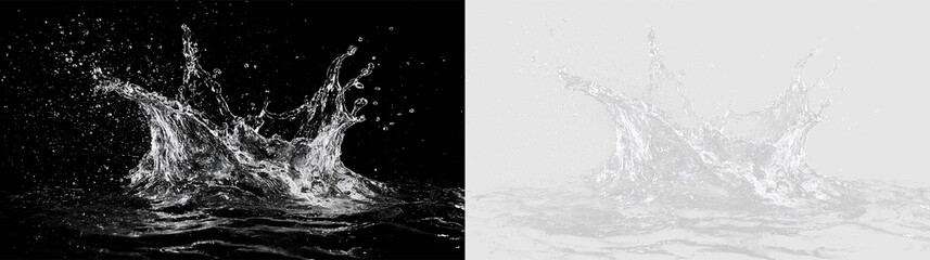 Water splash created by an object hitting the surface on a transparent background captured in a clear setting © denzelll