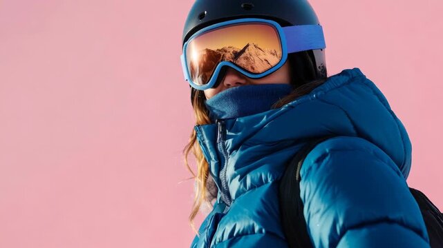 Woman wearing ski gear and goggles looks ahead with determination