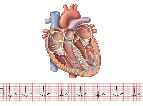 Human heart with pacemaker and ecg rhythm strip isolated on white background