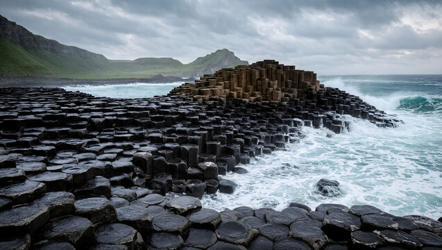 Giant&rsquo;s Causeway with Hexagonal Basalt Columns and Crashing North Atlantic Waves