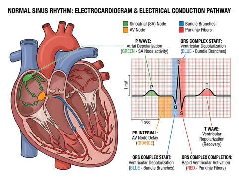 Normal sinus rhythm ecg and heart electrical conduction diagram isolated on white background