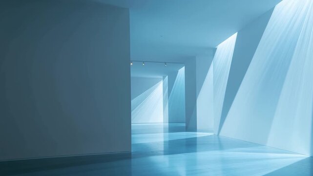 Minimalist blue architectural interior with dramatic beam of light cutting through empty space, modern geometry, abstract building design, serene atmosphere, sleek perspective.