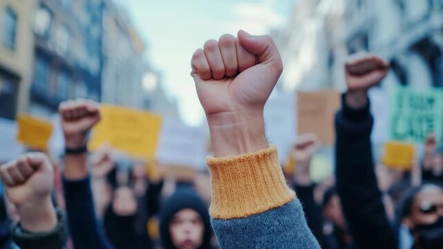 A group of people protesting on a street raising their fists in unison. They are holding signs and wearing casual attire. The atmosphere appears to be serious and focused.