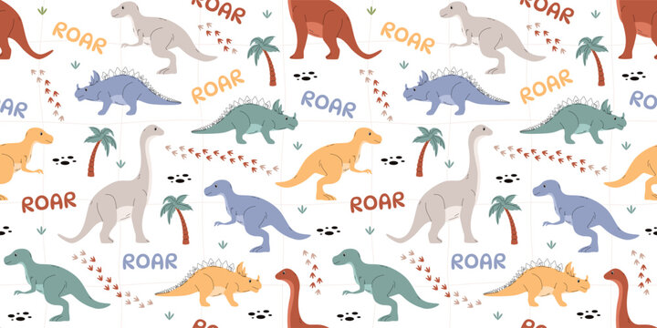 Seamless pattern with dinosaurs and palm trees. Vector illustration