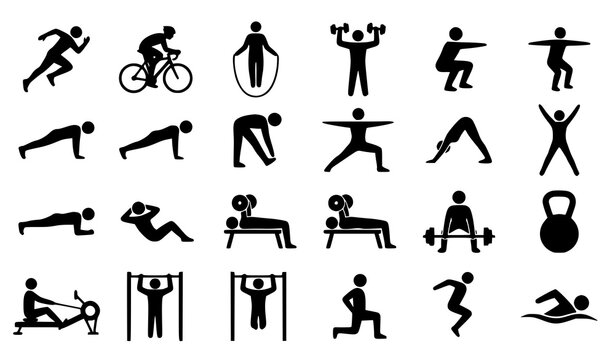 Collection of dynamic fitness and exercise silhouette icons in action poses isolated on white background