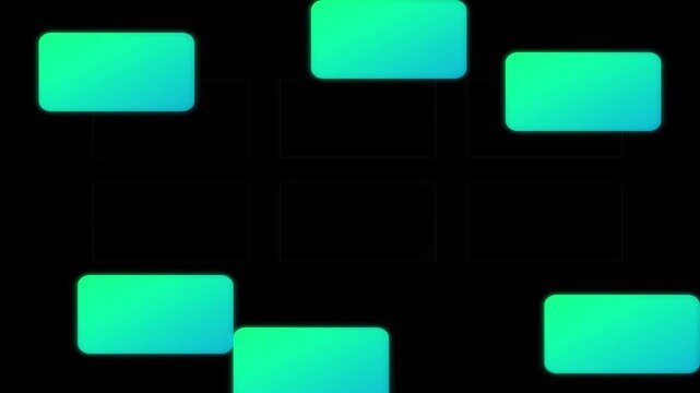 Glowing cyan rectangular boxes moving across a black background in this smooth digital motion animation clip