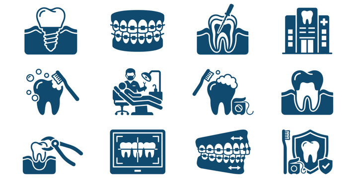 Dental icon set. Containing tooth, dentist, toothpaste, toothbrush, teeth, implant and dentistry icons. Solid icon collection. Vector illustration.