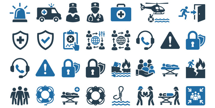 emergency solid icon set. urgent, medical, safety, exit, rescue, crisis, help, hotline, alert, ambulance, assistance, security. editable glyph vector illustration