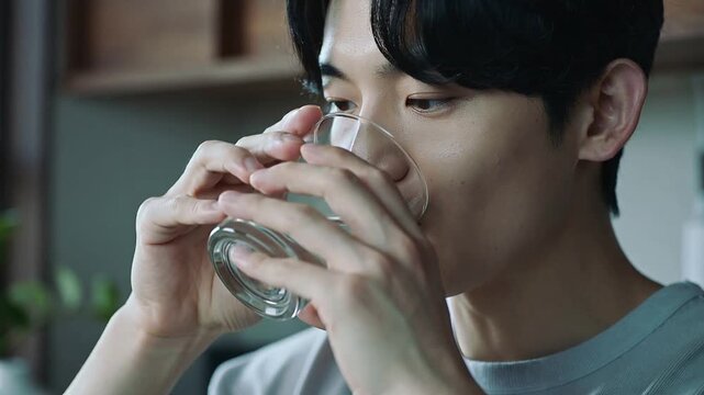 Feeling thirsty, adult Asian man lifting clear glass and sipping water in kitchen, in blue shirt