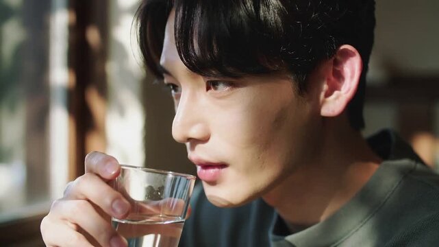 Raising glass, Asian man in green sweater tilting, sipping water by wooden window, quenching thirst