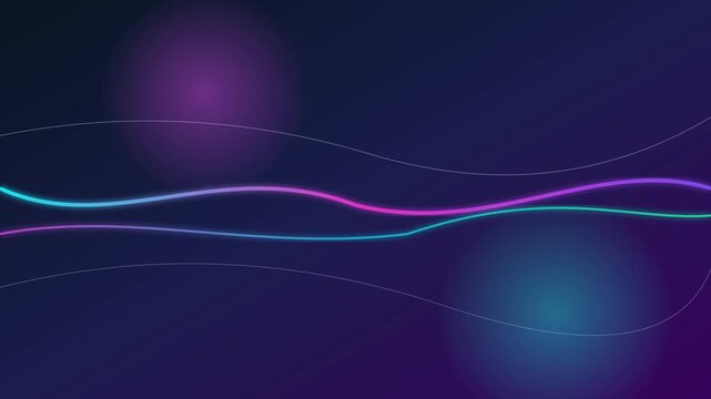 Glowing neon waves flowing across a dark background in this smooth digital motion design animation clip