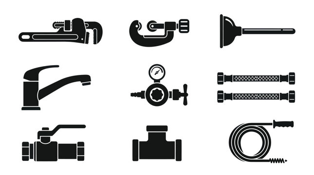 A monochrome flat vector icon set of 9 plumbing and gas maintenance tools including pipe wrench, pipe cutter, plunger, faucet, gas regulator, flexible hose, water valve, pipe connector, drain 