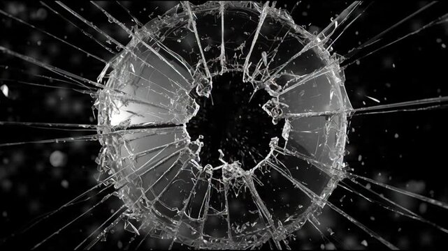 Shattered glass with radial cracks from central impact