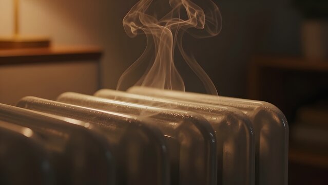 4. [STYLE] of a palm resting on a steaming radiator surface showing warm metallic texture with visible heat haze rising, warm indoor lamp light, deep charcoal and amber glow tones, softly blurred cozy