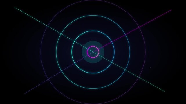 Pulsing neon concentric circles with intersecting light lines creating a dynamic digital motion animation video effect