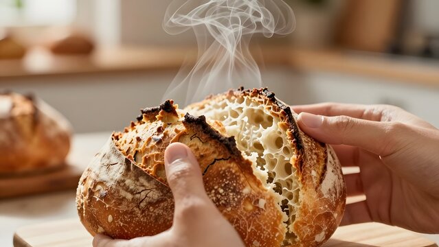 7. [STYLE] of hands cracking open a warm crusty bread loaf showing steam rising from soft interior crumb texture, warm natural kitchen light, golden crust and cream interior tones, softly blurred bake