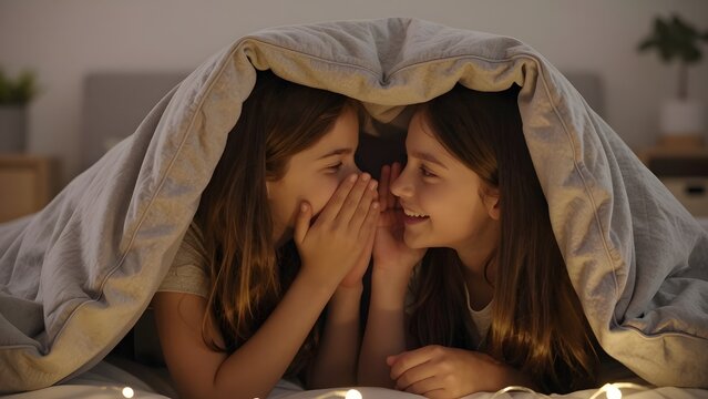 23. [STYLE] of siblings whispering and giggling under a blanket fort showing warm intimate closeness and genuine mischief, soft warm string light glow, muted amber and soft gray tones, softly blurred