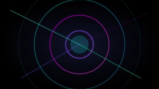 Pulsing neon circular rings and intersecting lines animation for modern digital motion graphics video background design