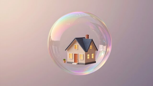 47. [STYLE] of a giant soap bubble containing a tiny miniature house floating gently inside showing delicate iridescent film and cozy interior glow, soft dreamy backlight, pastel rainbow and warm ambe