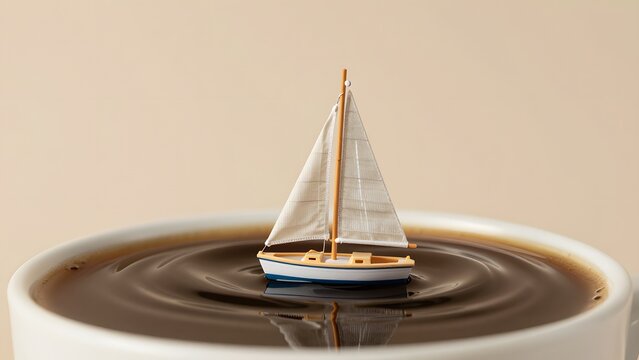 51. [STYLE] of a tiny toy sailboat floating on a puddle inside a giant coffee cup showing glossy liquid ripples and miniature fabric sail detail, warm soft studio lighting, deep espresso brown and cre