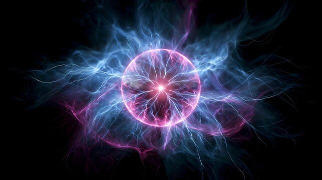 Radiant sphere of glowing pink and blue plasma energy emitting powerful electrical lightning bolts against a deep dark black background
