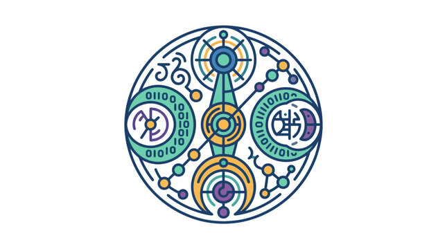 Circular technical sigil with binary code.