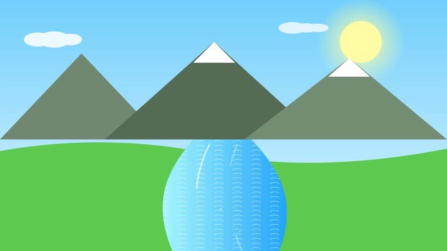 Animated mountain landscape featuring a flowing river and bright sun in this digital motion video clip