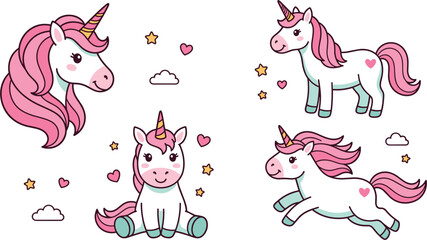 Obraz premium Cute Kawaii Unicorn Sticker Set with Magical Pink Mane Standing Sitting and Running Unicorns Stars and Hearts Vector Illustrations for Kids Graphic Designs