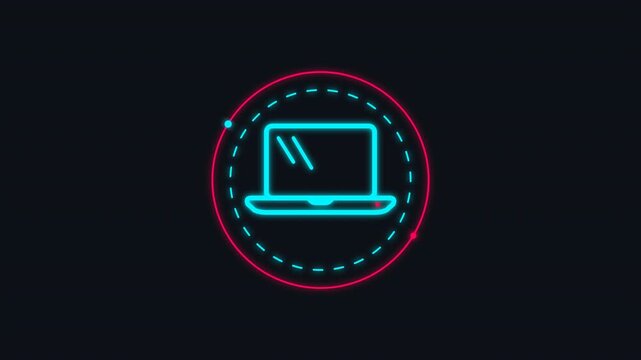 Laptop 2d animated outline icon rotation appearance with glowing blue neon circular orbit for cyberpunk interface screen 4K
