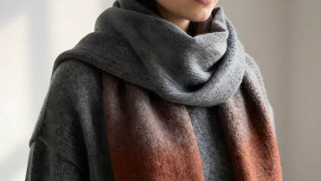 127. [STYLE] of a soft wool scarf draped loosely around a shoulder showing dense knit texture with subtle color gradient, soft natural window light, muted heather gray and warm rust tones, softly blur