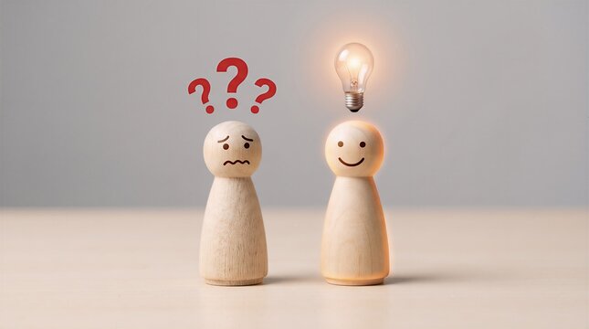 Conceptual representation of decision making with wooden figurines showing confusion versus clarity with glowing lightbulb solution confusion question decision