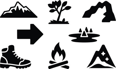 Obraz premium Camping and outdoor recreation icons featuring mountain peaks, hiking boots, campfire, and lake scenery