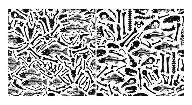 Fish skeleton pattern black and white vector illustration on a white background