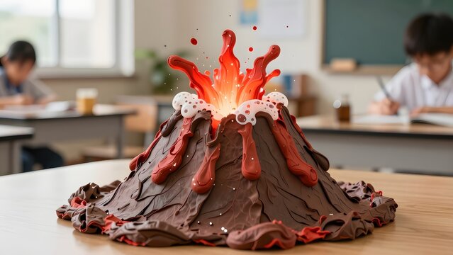 173. [STYLE] of a science fair volcano model erupting with foamy simulated lava showing textured papier-m&acirc;ch&eacute; surface and dynamic bubbling motion, bright natural classroom light, warm red and earthy b