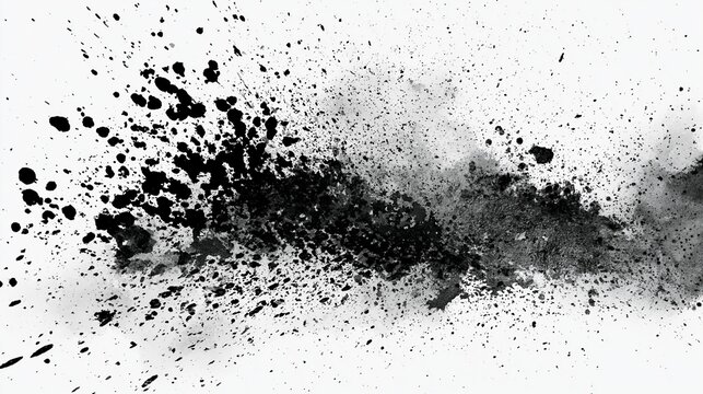 Intense black ink splatter texture isolated on a clean white background featuring chaotic artistic drops and high contrast spray patterns