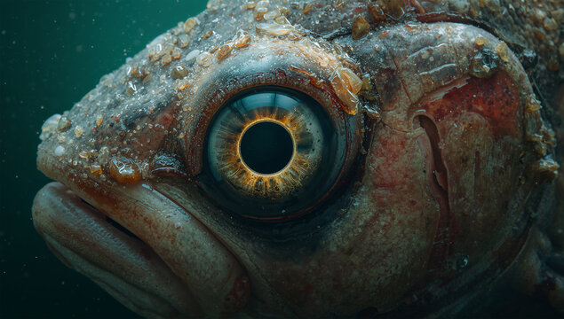 汚れた海水の中で曇った眼を見せる深海魚